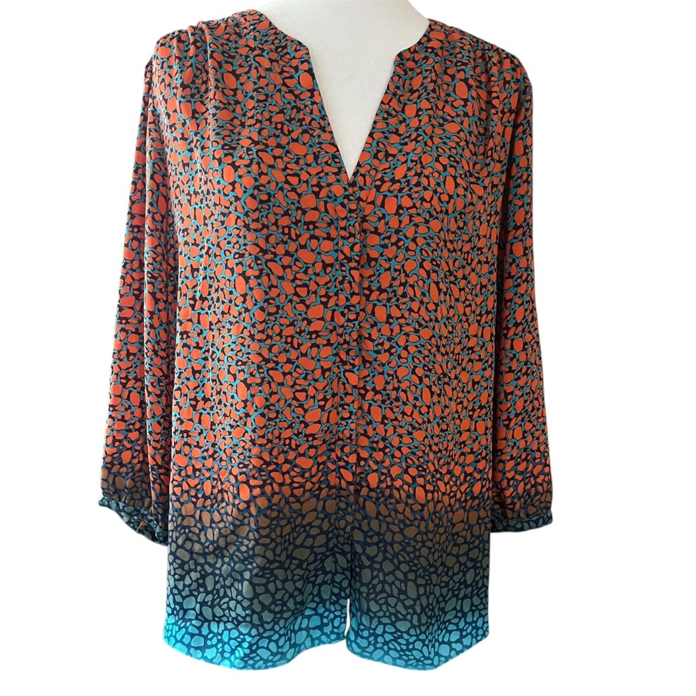 NYDJ Vibrant Orange and Blue Pintuck Blouse US L